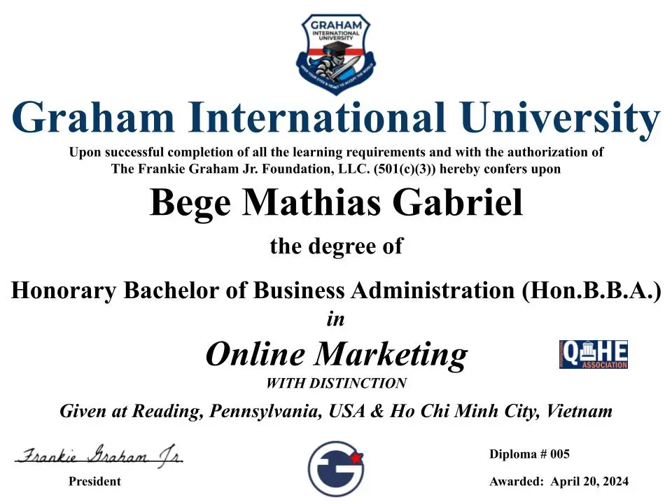 Honorary Bachelor's certificate sample