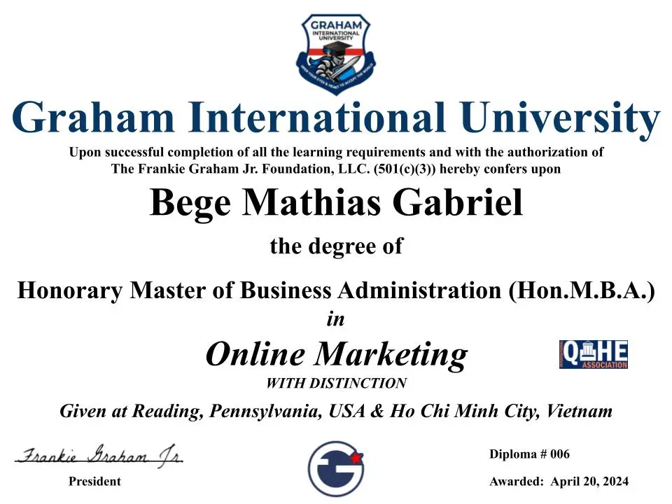 Honorary Master's certificate sample